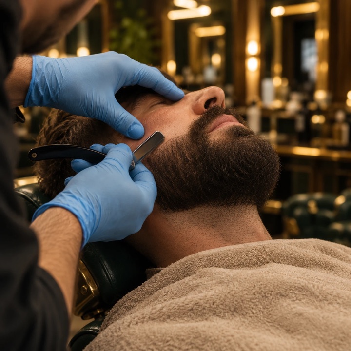 Il rasoio a mano libera che disegna il contorno di una barba folta, cliente disteso in poltrona