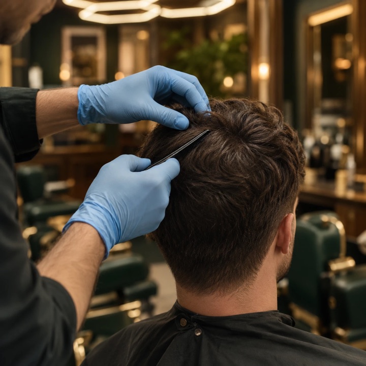 Mani con i guanti azzurri che pettinano i capelli di un cliente sulla sommità del capo, in poltrona